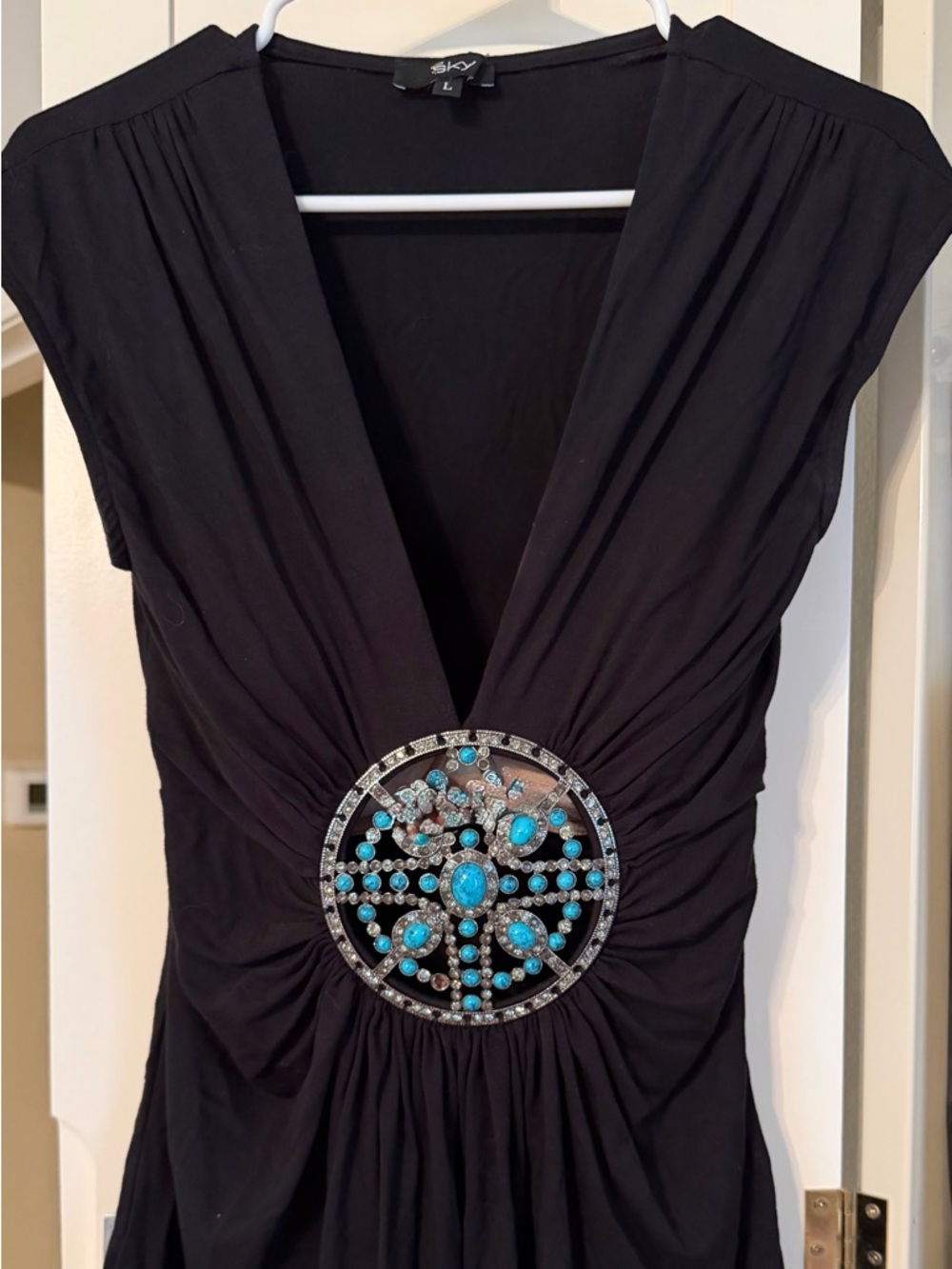 Sky Black V-Neck Tunic with Turquoise Medallion